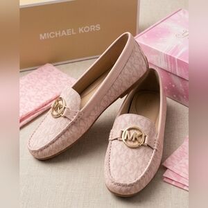 Michael Kors Pink Logo Jacquard Loafers with Gold MK Emblem